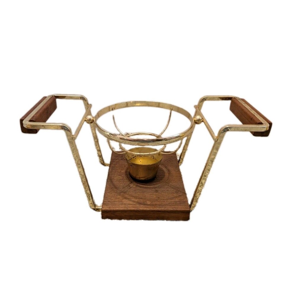 Vtg MCM Casserole Cradle Warmer Brass Tone Wood Square Base Handles Candle Stand